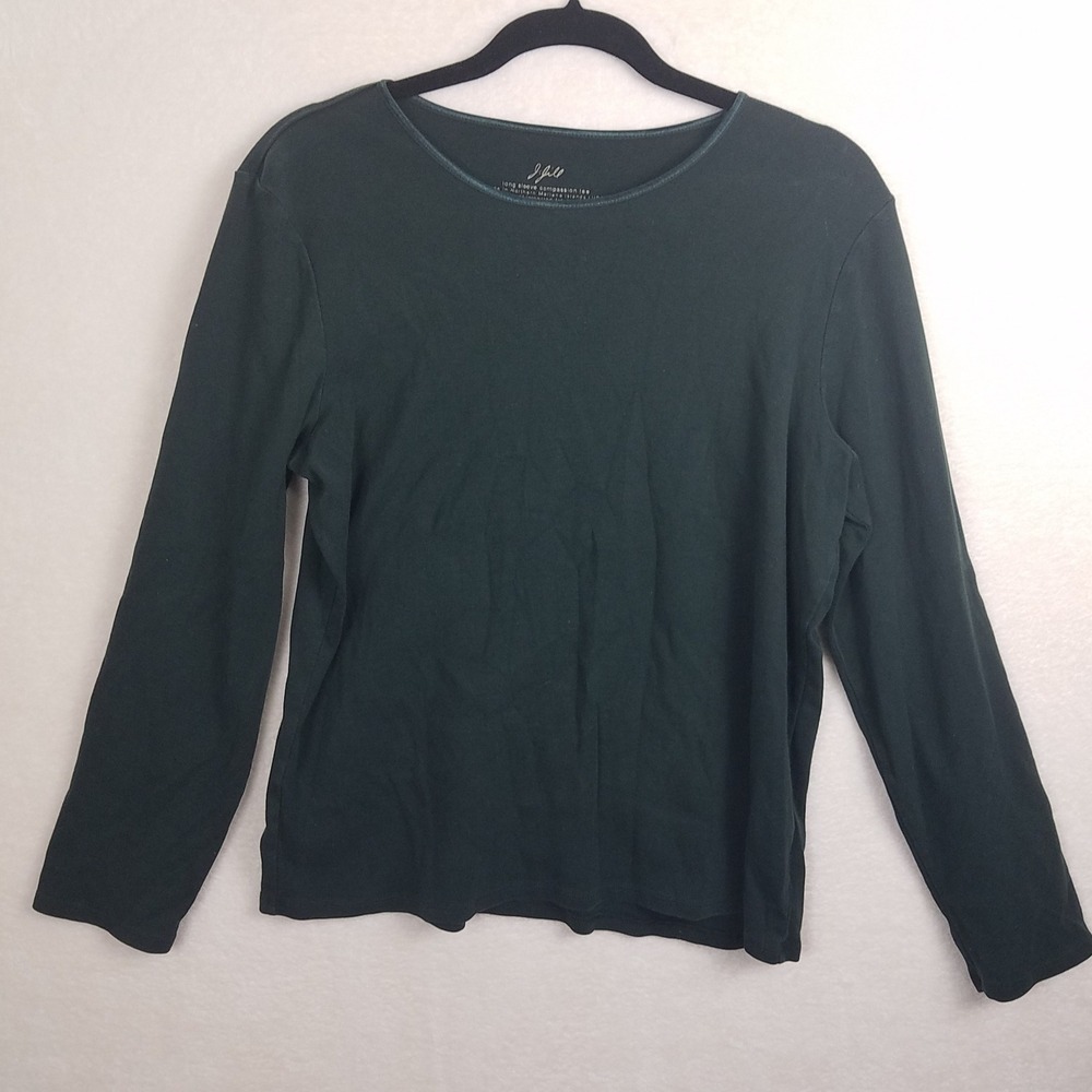 J Jill Long Women's L Sleeve Compassion Tee shirt Dark Green satin trim - Picture 1 of 5